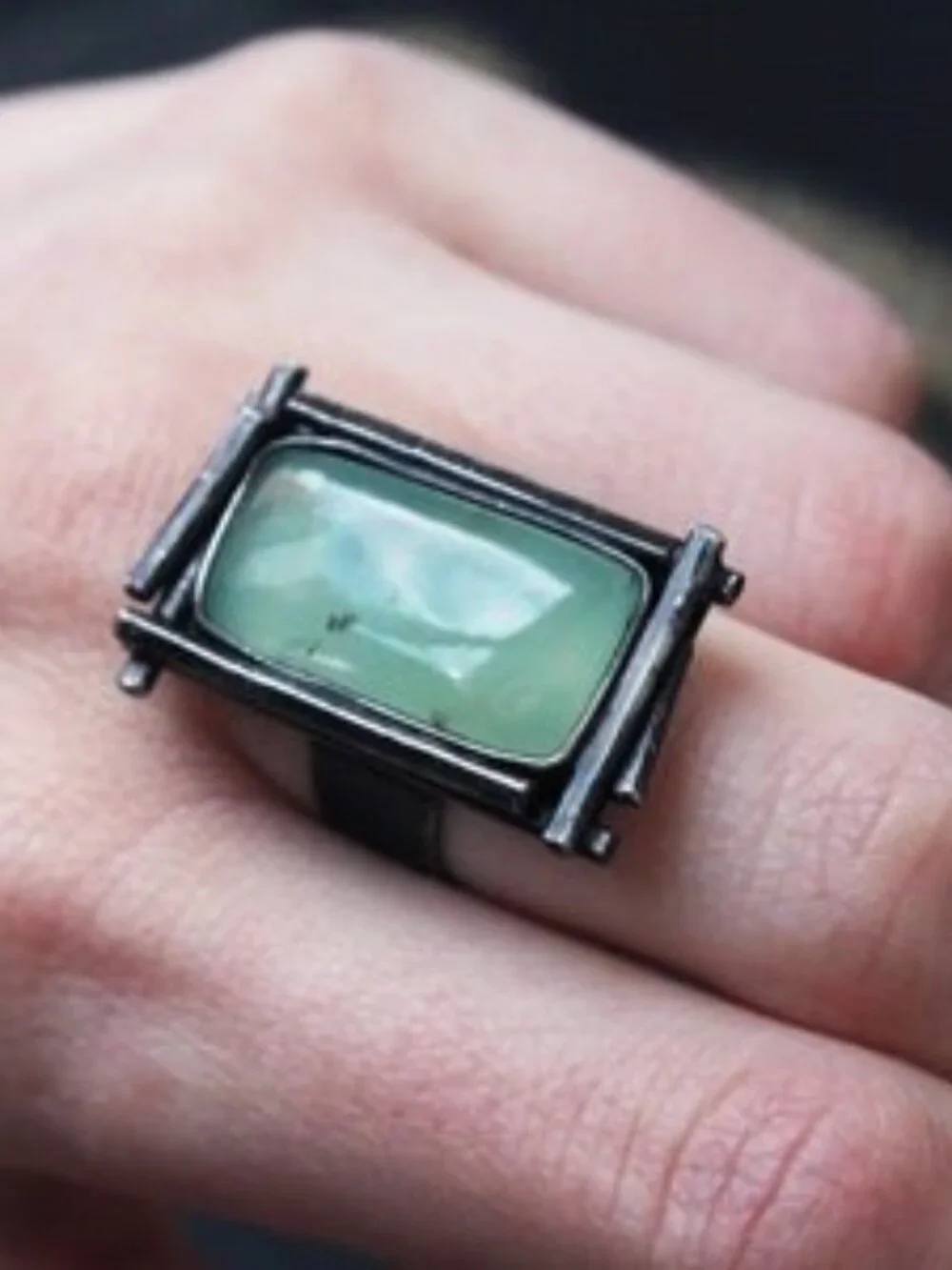 Brutalist Ring w/Prehnite Big Stone - Statement Ring for women - Adjustable